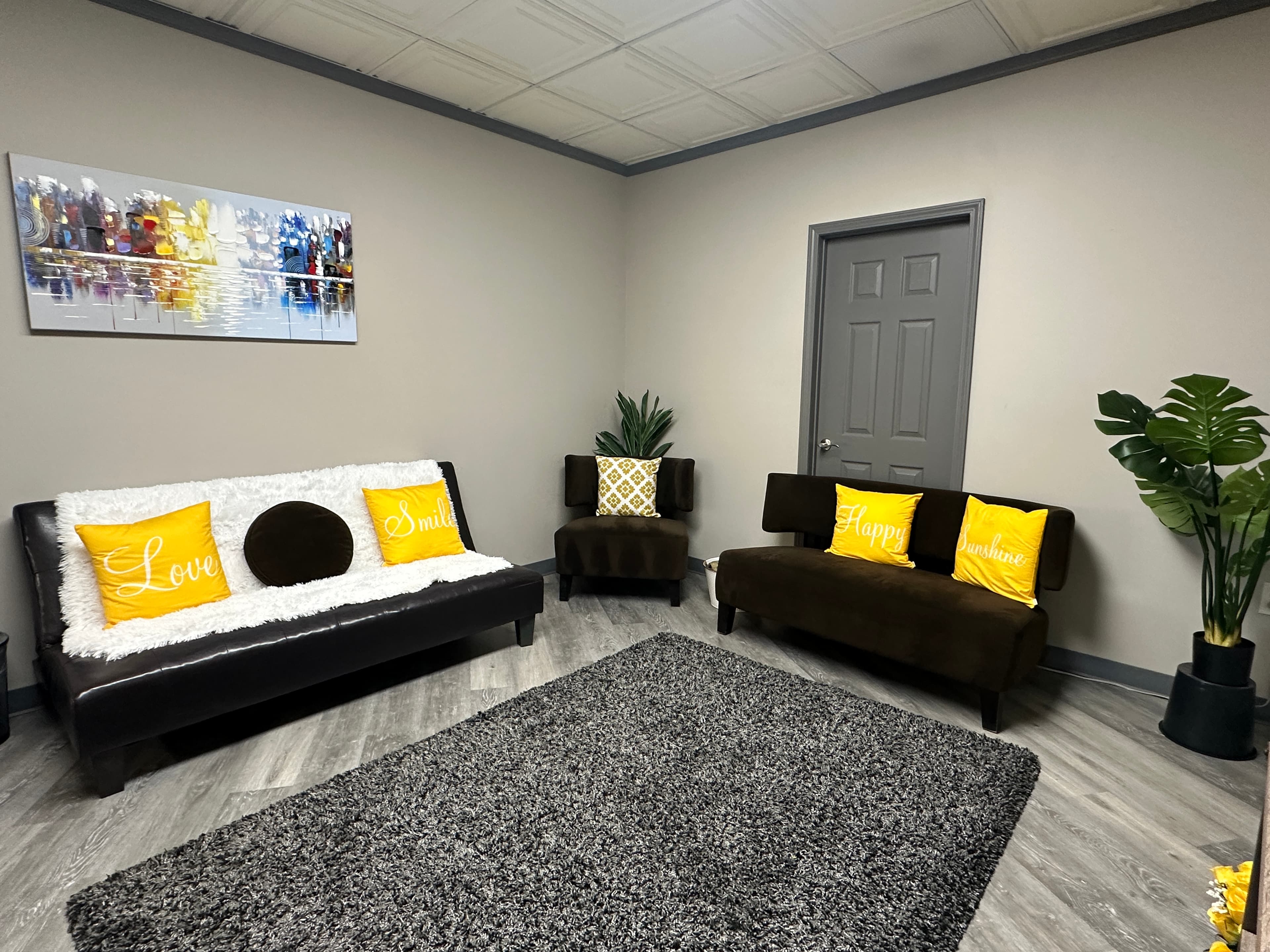 A lounge with sofas, cushions, and a soft rug